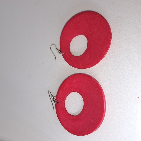 Red Wood Dangle Earrings with Silver Hardware - Picture 4 of 5